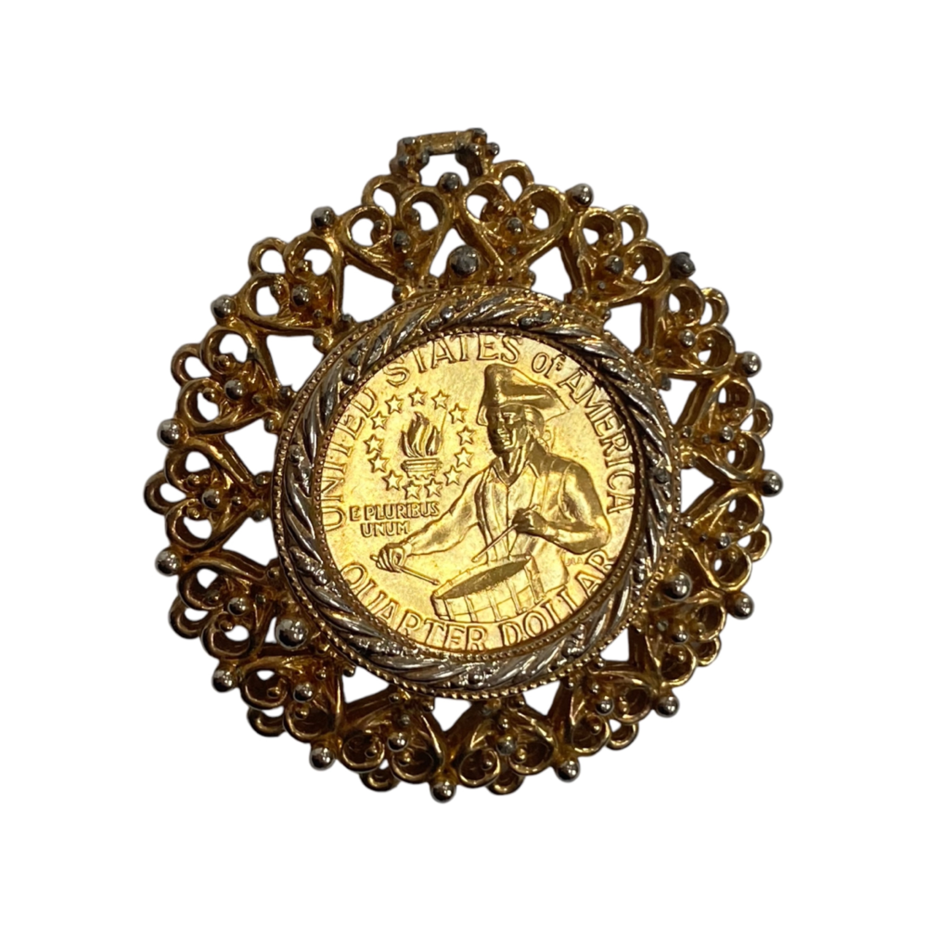 Gold Plated Quarter Pendant Filligree 1976 Bicentennial Patriot Signed Roma